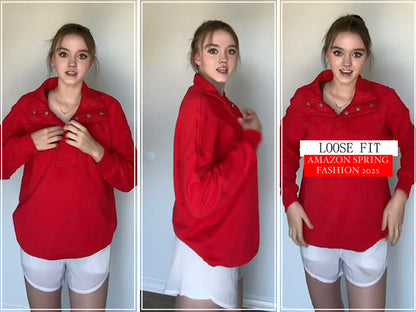 Sweatshirt for Women Oversized Casual Long Sleeve Button Henley Neck Pullover Tops Fashion Outfits Clothes