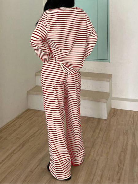 Women's Casual Striped Long Sleeve Top & Pants Set, Comfortable Loose-Fitting Home Wear, Fashionable Two-Piece for Daily Use - Seldom Seen Styles