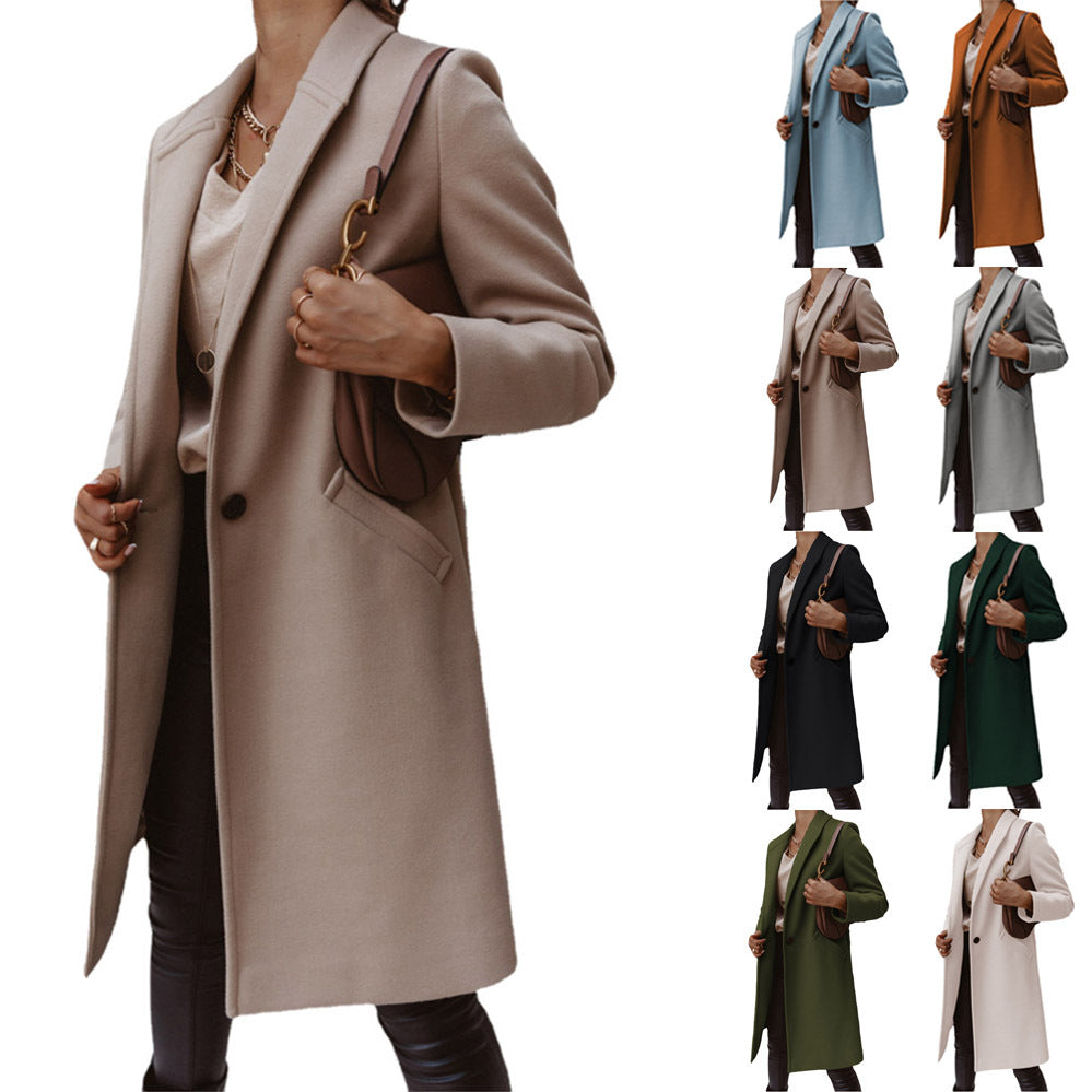 2024ebay Amazon wish New Autumn and Winter Solid Color Lapel Mid-Length Button Woolen Coat Outerwear Female