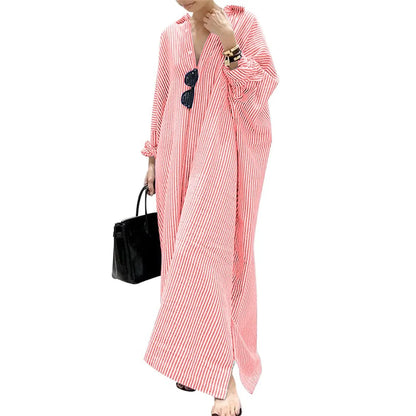 Chouyatou Women's Casual Long Sleeve Button Down Loose Striped Cotton Maxi Shirt Dress Grey Caftan Comfy Basic Batwing Sleeves Breathable Lightweight Beach Clothes Womenswear Bikini Elegant Fit tiktokshopspringglowup