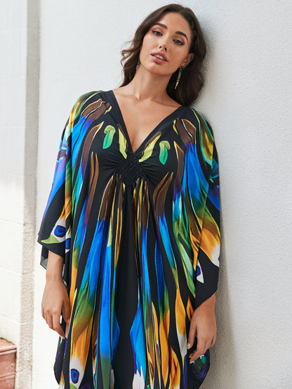 [Plus Size] Butterfly/feather Print Ruched Split Hem Tunic Dress, Valentine's Day Elegant Batwing Sleeve V Neck Long Dress for Summer, Casual Womenswear, Gift, Homecoming Dresses, Women's Clothes for Beach Holiday Vacation, Moo Moo Dresses