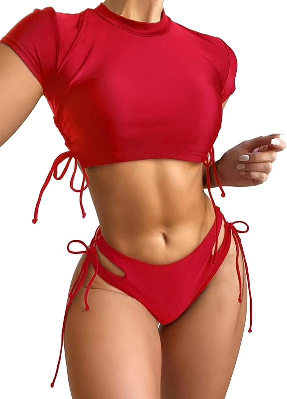 Drawstring Bikini Set Srting Swimsuit Short Sleeve Top and Tie Side Bottom 2 Piece - Seldom Seen Styles