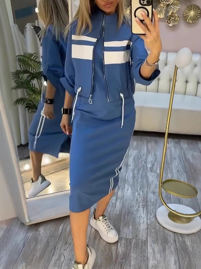 Olive Green Two Piece Skirt Set for Women – Casual Chic Midi Dress with Zip-Up Long Sleeve Jacket