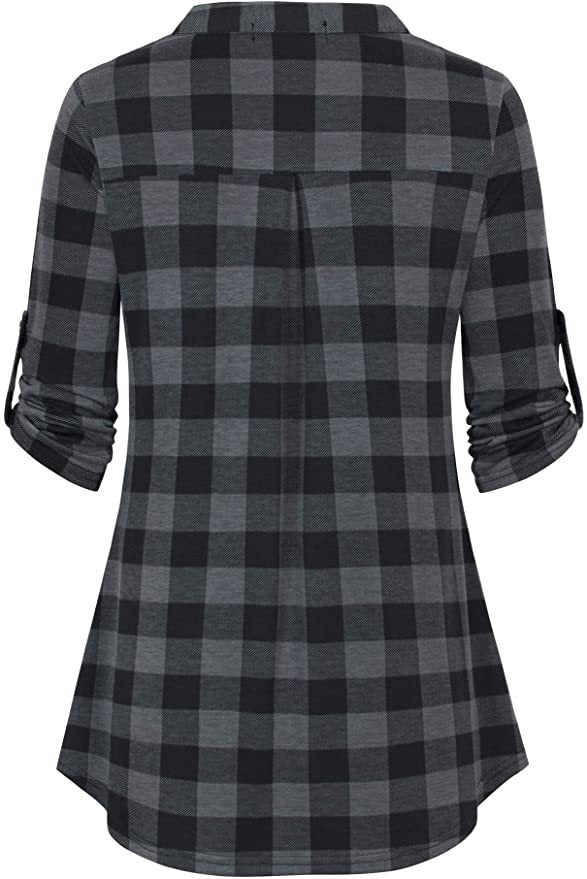 DJT Womens Soft Stretchy Knit Plaid Shirts Roll Up Long Sleeve Collared Button Down Blouses Tops