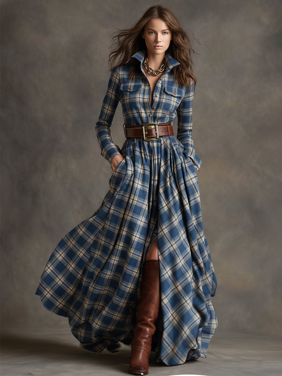 Retro Ethnic Style Lapel Reddish Brown Plaid Maxi Dress - Seldom Seen Styles