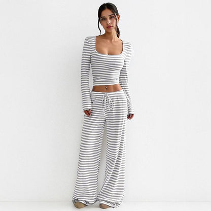 Women's Slouchy Square Neck Stripe Long Sleeve Crop Top & Low-Rise Wide Leg Trousers Co-ord, Minimalist Two Piece Outfits, Cozy Womenswear