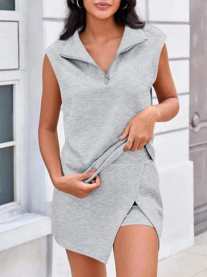 Damen 2-teilige Rock-Sets Sommer ärmelloses Half-Zip Sweatshirt Sport-Skort Tennis-Outfits Freizeit-Jogginganzüge #SpringStatements