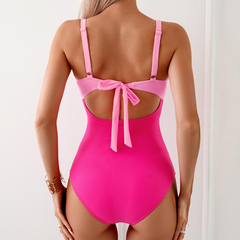 Women's V Neck Tied Cutout Contrast Classic One-Piece Swimsuit - Seldom Seen Styles