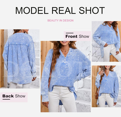 Womens Casual Button V Neck Long Sleeve Shirts Oversized Solid Blouses Tops