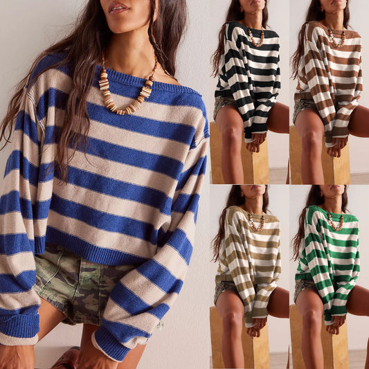 New2024Autumn and Winter Cross-Border Amazon Independent Station Pullover Loose Sweater Striped Short Style Knitwear European and American Women