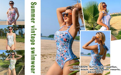 Women's One Piece Swimsuit Square Neck Double Side Print Reversible Tie Shoulder Summer Vintage Swimsuit - Seldom Seen Styles