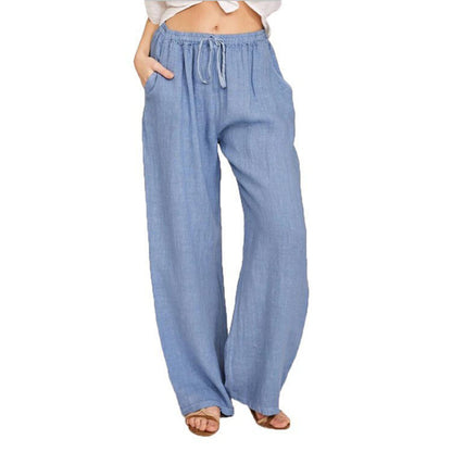 Women's Casual Wide Leg Elastic Waist Loose Lightweight Summer Linen Beach Pants Drawstring