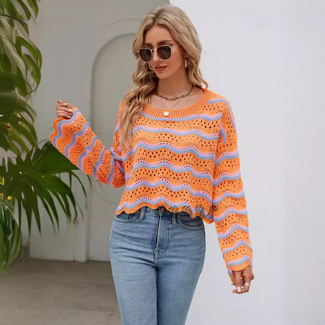 Spring and Autumn Women's Clothing Amazon Cross-Border Foreign Trade Fashion Long Sleeve Blouse round Neck European and American New Knitted Striped Sweater for Women