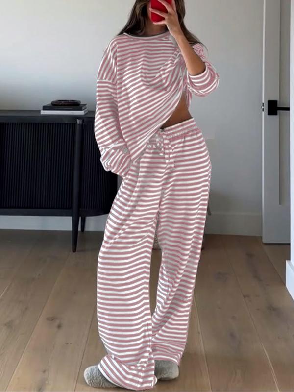 Women's Casual Striped Long Sleeve Top & Pants Set, Comfortable Loose-Fitting Home Wear, Fashionable Two-Piece for Daily Use - Seldom Seen Styles