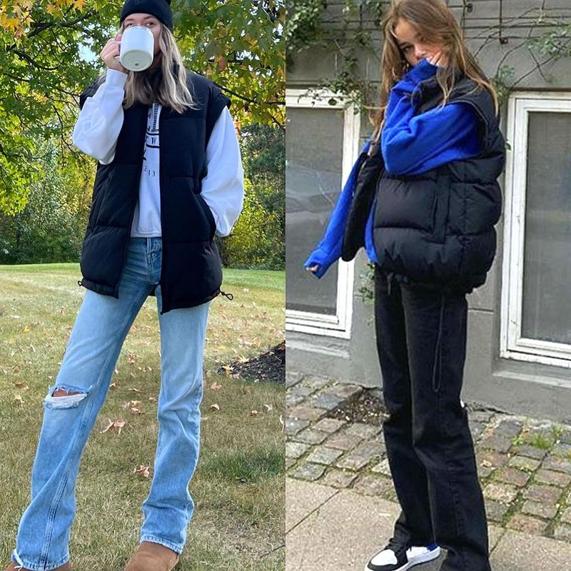 Women's Winter Oversized Puffer Vest Lightweight Stand Collar Flysleeve Insulated Padded Puffy Jackets Coat with Pockets Outerwear Casual Zipper Tops Black Fitted Minimalist - Seldom Seen Styles