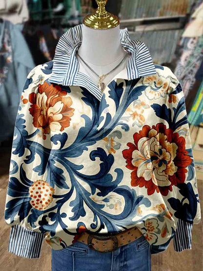 Women's Vintage Floral Print Striped Collar Top Going Outfits Blouses 90s Tops Funny Shirts Women Elegant Classy Tops Blouse Classyoutfit Women cute summer outfit boho Casual Style cute summer outfit women's summer outfits