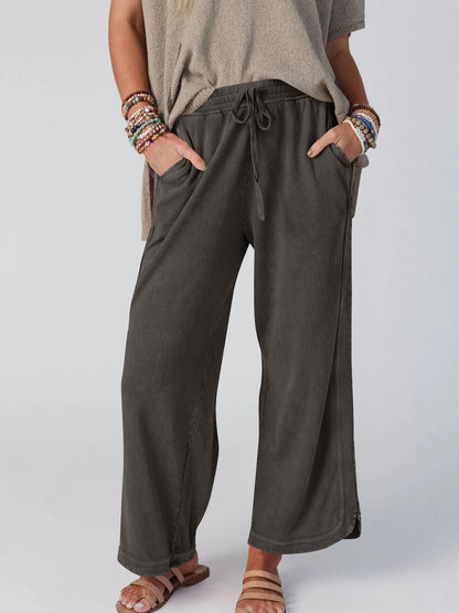 Damen-Jogginghose mit weitem Bein, verwaschen, Vintage, hohe Taille, Baggy-Hose, Kordelzug, sportliche Palazzo-Hose mit Taschen