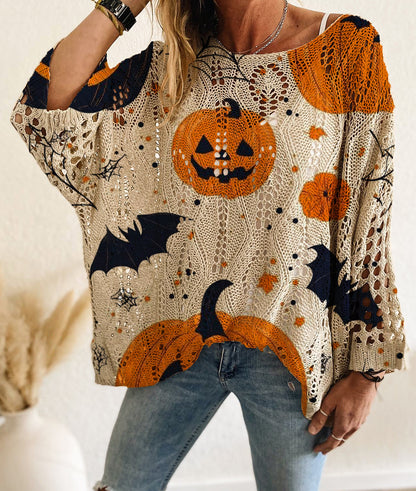 Women's Halloween Pumpkin Print Long Sleeve Knit Top, Casual Elegant Vacation Style, Loose Fit Batwing Shoulder, Spring Summer Fall Wear