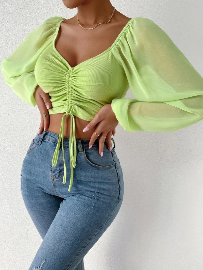 2024Amazon AliExpress Summer NewVCollar Chiffon Drawstring Lantern Sleeve Skinny Fashion Sexy Shirt Top