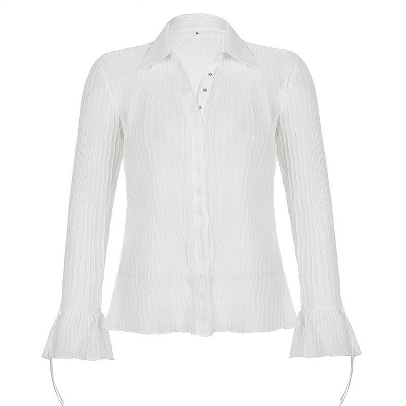 Autumn and Winter New European and American Women's Clothing White See-through Slim-Fit Waist Single-Breasted Horn Pleating Long Sleeve Retro Shirt