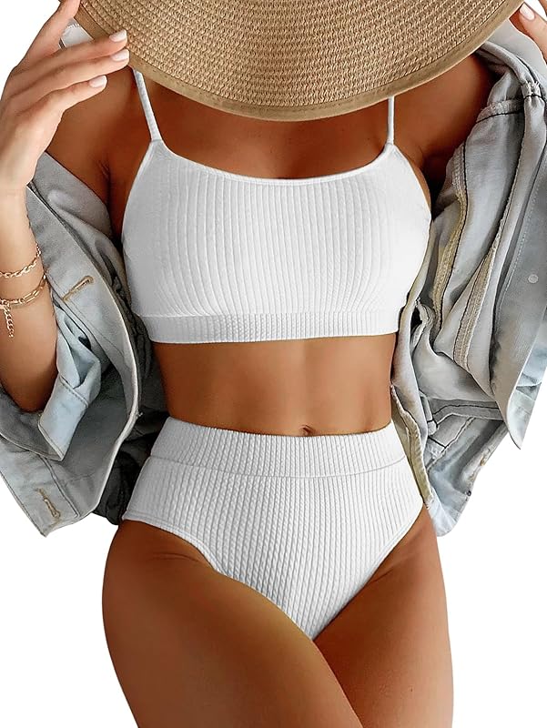 High Waisted Tummy Control Ribbed Bikini Crop Top Brazilian Swimsuit Set 2 Piece - Seldom Seen Styles