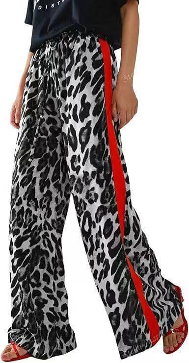 Women's Casual Pants Drawstring Leopard Print Color Block Side Striped Straight Leg Wide Leg Loose Pants - Seldom Seen Styles