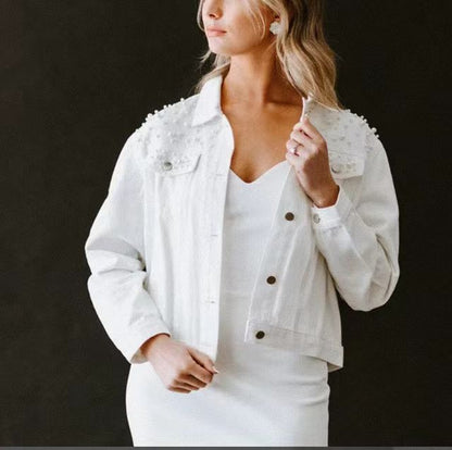 Women's Fashion Loose Embroidered Pearls Beading Cropped Denim Jacket Jean Coat