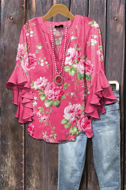 Haut à manches volantées et imprimé floral rétro pour femme, tenue vintage des années 90, chemises amusantes, élégantes et classe, jolie tenue d'été