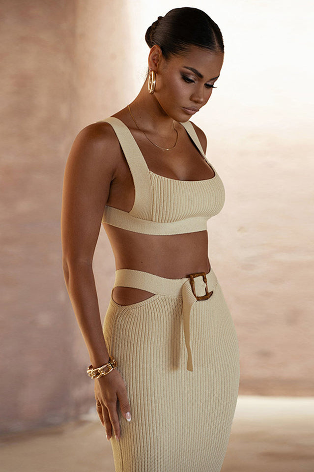 Women's Two-Piece Crop Top Maxi Skirt Set Chic Slim Fit Cut Out Belted Solid Color Outfit for Party Date Night Going Out - Seldom Seen Styles