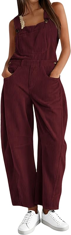 Corduroy Overalls for Women Barrel Wide Leg Bib Corduroy Pants Women Adjustable Romper Jumpsuit with Pockets