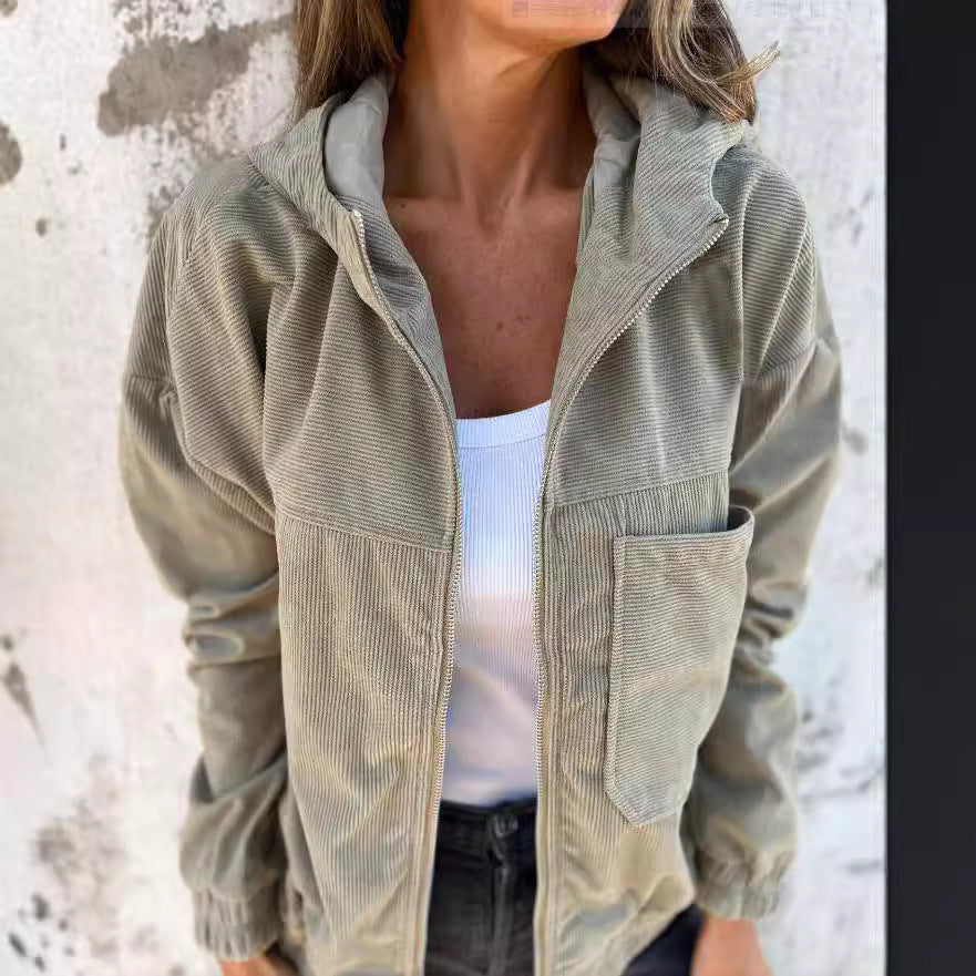 Corduroy Drawstring Hooded Pocket Zip Up Jacket Loose Shacket Coat - Seldom Seen Styles