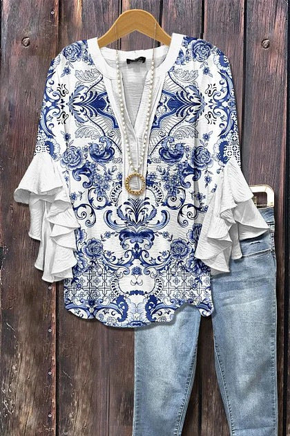 Retro Floral Print Layered Ruffle Sleeve Top Going Outfits Blouses Women Vintage 90s Tops Funny Shirts Women Elegant Classy Tops cute summer outfit - Seldom Seen Styles