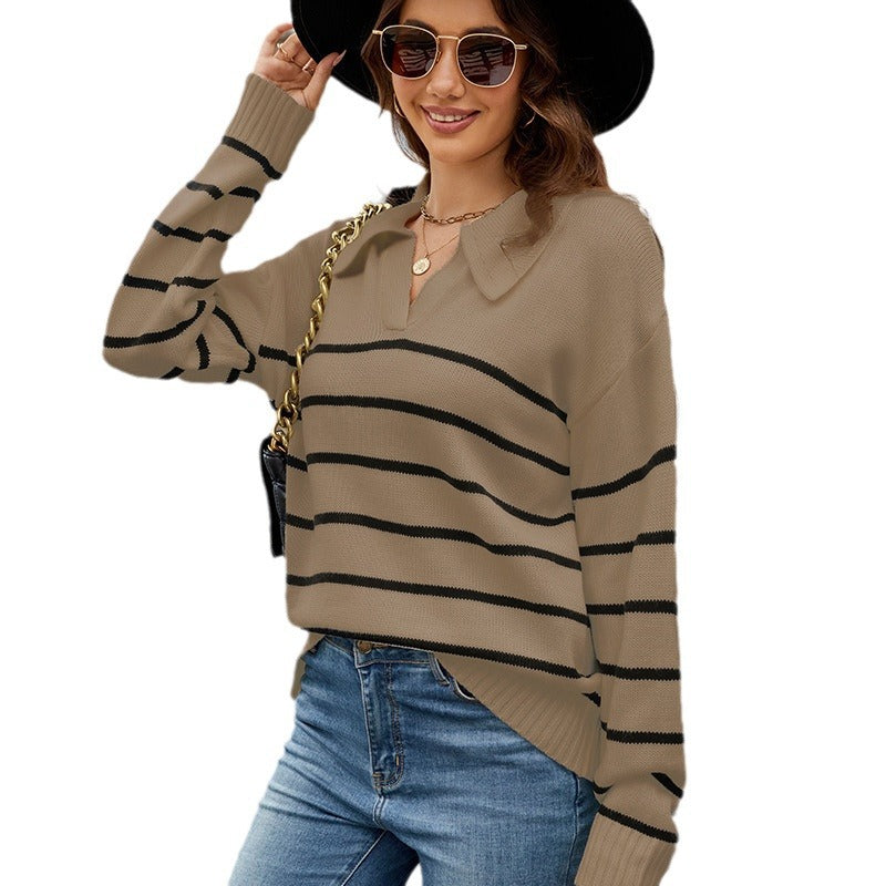 Amazon2024New Autumn and Winter Sweaters Striped Lapel Pullover Sweater Foreign Trade Sweater in Stock Wholesale Manufacturer