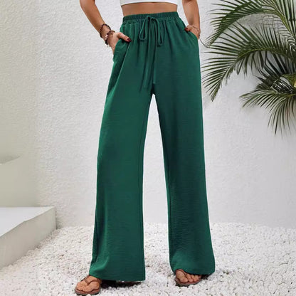 Weite Hose für Damen, Palazzo-Hose mit elastischer Taille und Kordelzug, Lounge-Hose mit Taschen, lockere Hose mit geradem Bein