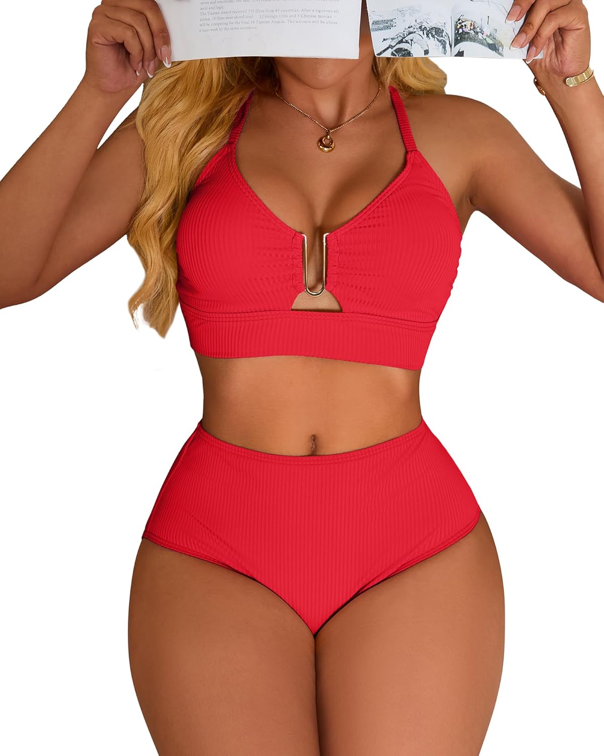 Ribbed High Rise Bikini Sets Women Large Bust Longline Modest Bikini Swimsuits 2 Piece - Seldom Seen Styles