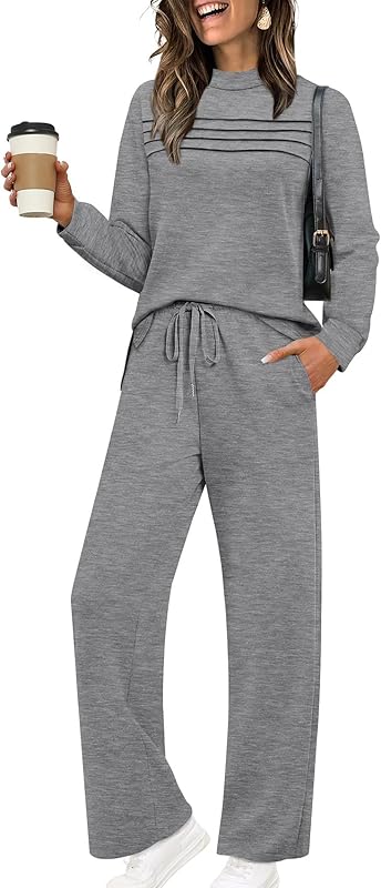 Two Piece Sets for Women Fall Travel Vacation Outfits Long Sleeve Lounge Sets Side Slit Wide Leg Pants S-3XL - Seldom Seen Styles