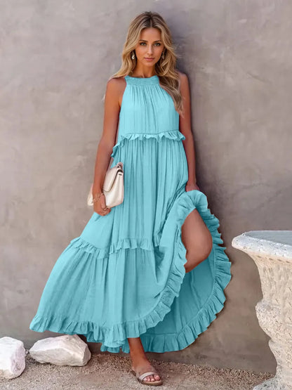 Women's Tiered Ruffle Maxi Dress with Pockets Smocked Halter Neckline Flowy Boho Summer Casual Long Dress