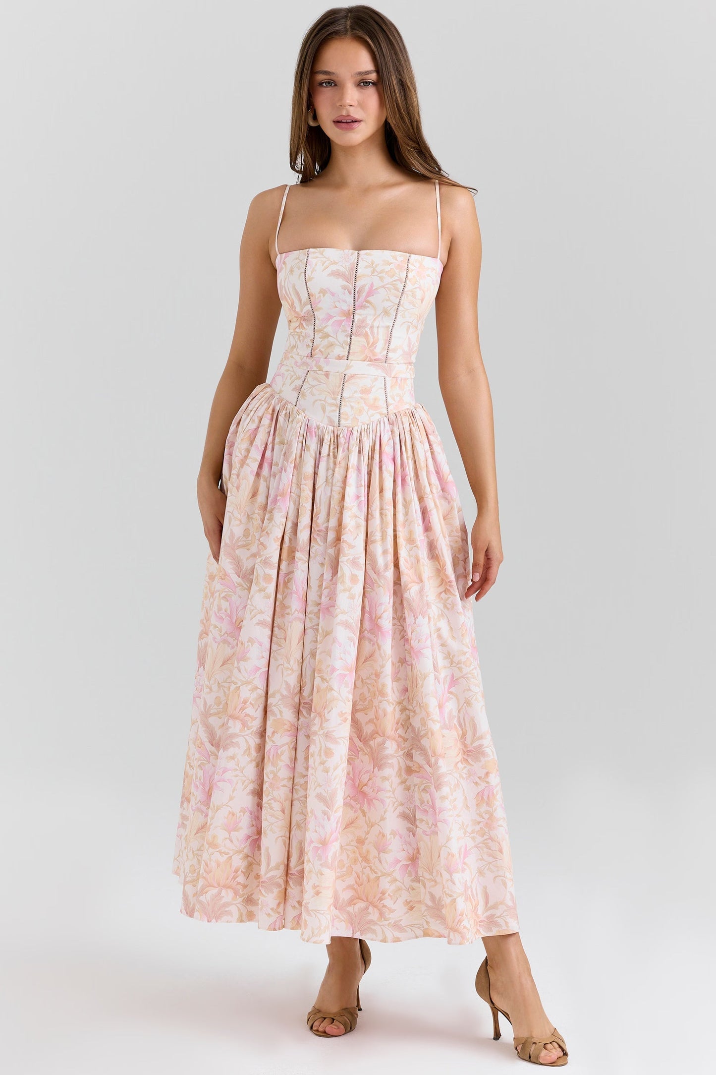 Women's Floral Midi Dress Spaghetti Strap Corset Waist Cottagecore Summer Dress - Seldom Seen Styles