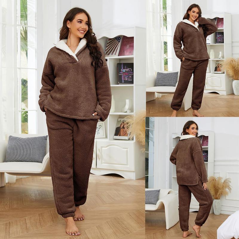 XiaRan Women's Fluzzy Sherpa Fleece Pajamas Warm Pullover Lapel Sleepwear Sets