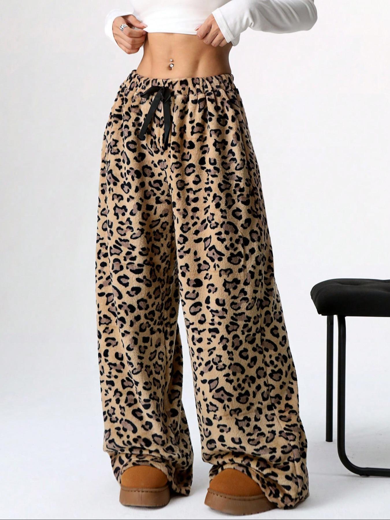 Women's Leopard Print Bow Decor Wide Leg Pants, Casual Comfy Trousers for Daily Wear, Ladies Bottoms for Fall & Winter - Seldom Seen Styles
