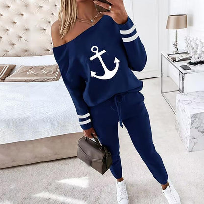 Women's 2 Piece Outfit Nope Not Today Print Skew Neck Long Sleeve Pullover Top with Stretchy Waist Long Pants Tracksuit Jogger Set