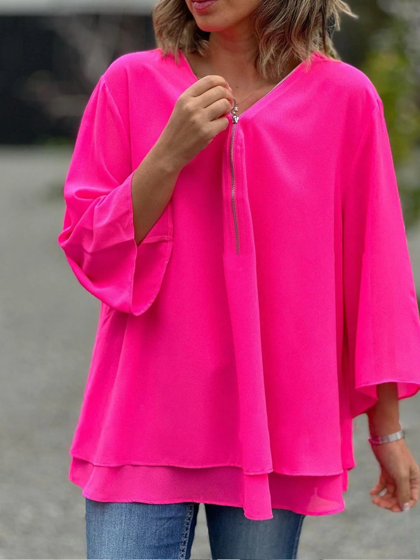 Womens V-Neck Lantern Sleeve Blouse Zipper Design Loose Casual Top Shirts - Seldom Seen Styles