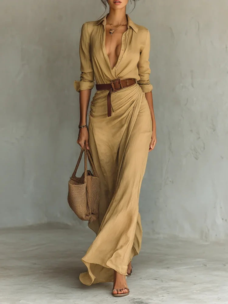 Oakleigh Elegant V-Neck Belted Maxi Dress - Formal & Everyday Wear - Seldom Seen Styles