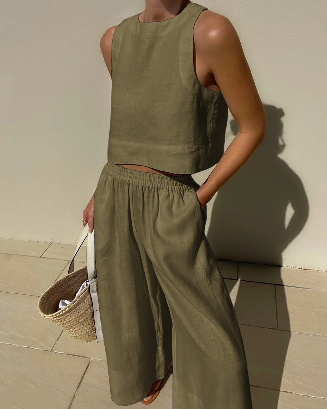 Women's Linen Two Piece Set Crop Top Wide Leg Pants Outfit - Seldom Seen Styles