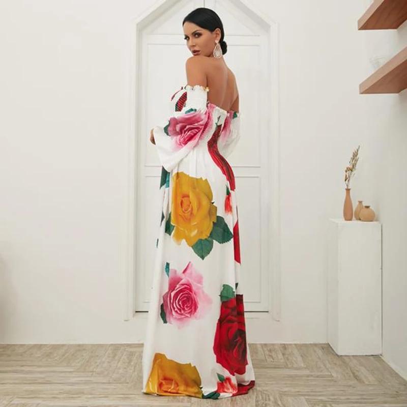 White Rose Floral Strapless Off Shoulder Sleeve Big Hem Long Dress - Seldom Seen Styles