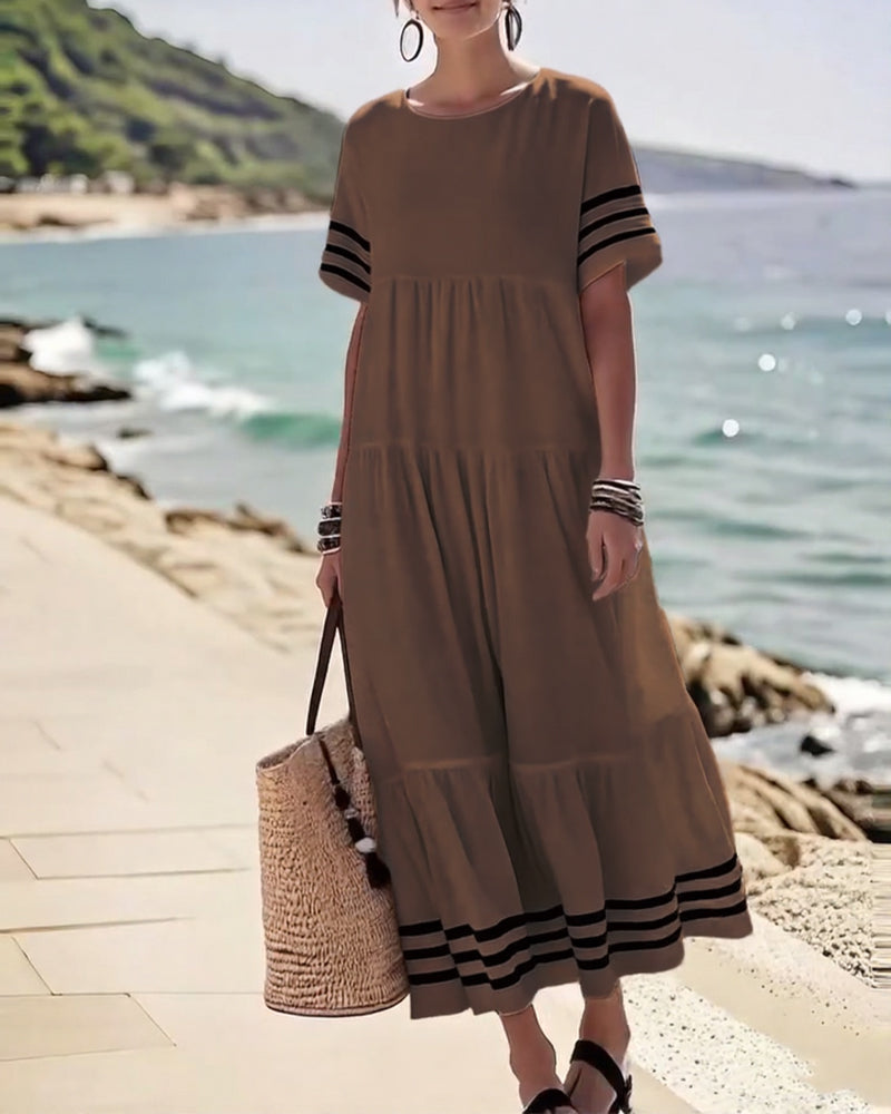 Summer Crew Neck Black Striped Loose A Line Sundress for Women with Short Sleeves Flowy Beach Patchwork Maxi Dresses - Seldom Seen Styles