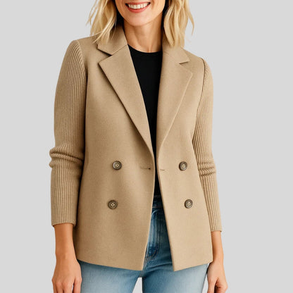 Women's Double Breasted Wool Pea Coat Notched Lapel Ribbed Knit Long Sleeve Sweater Short Blazer Jacket