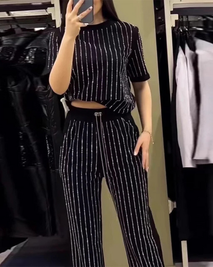 Women's Casual Solid Color Round Neck Hot Diamond Short Sleeve Two-Piece Suit Elegant Stripe 2 Piece Sets for Wome