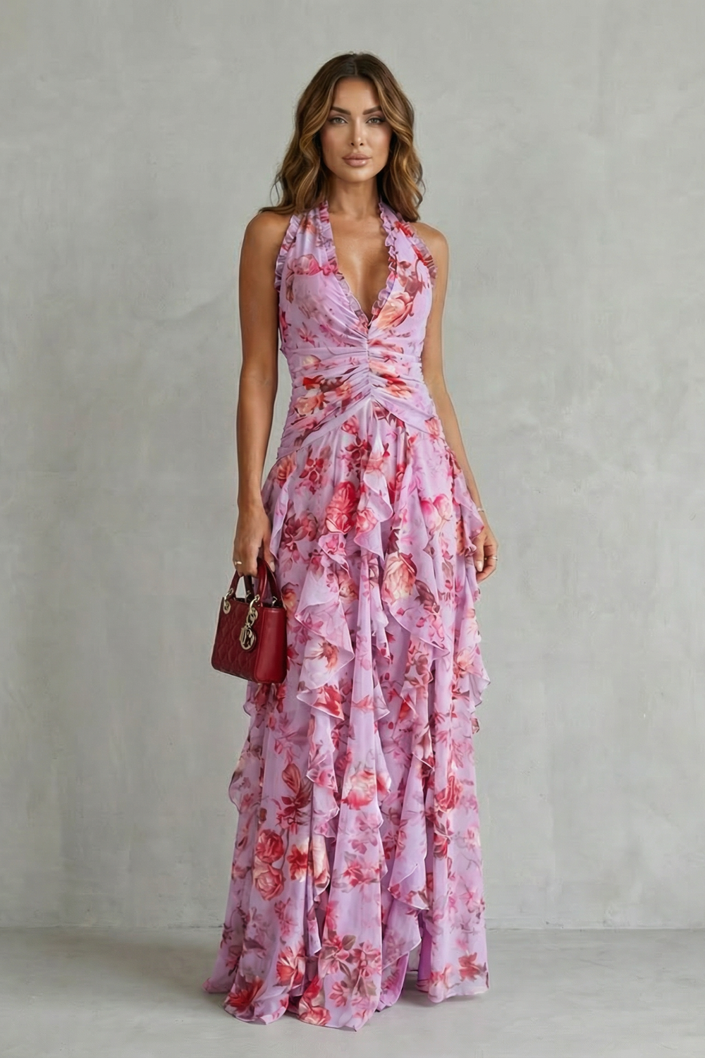Belladina – Romantic rose cascade – Halter maxi dress - Seldom Seen Styles