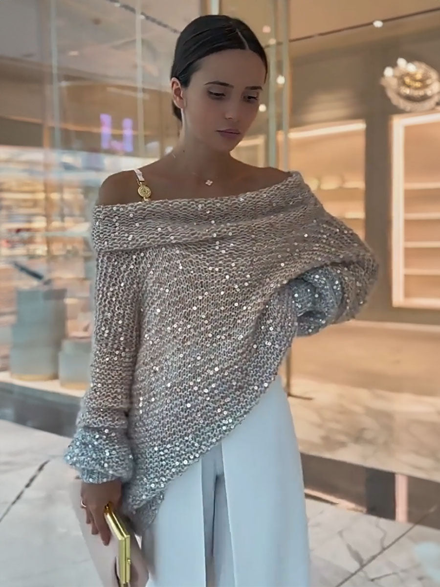 Sparkle Off Shoulder Knit Sweater - Seldom Seen Styles